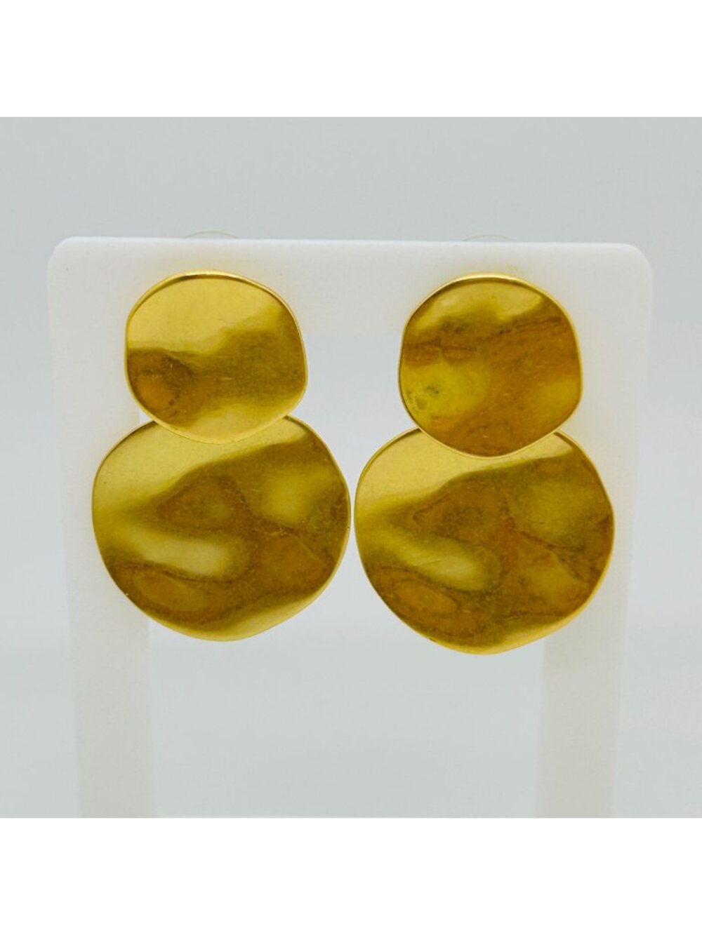 Gold Textured Double Disc Earrings Hammered Circle Drop Statement Post